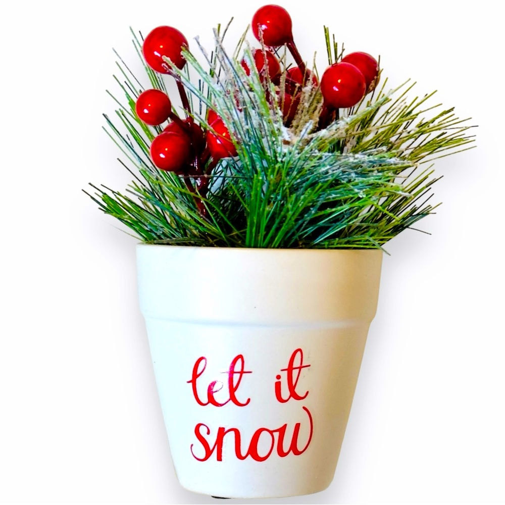 LET IT SNOW Christmas Floral White Planter Frosted Greenery Red Holiday Berries
